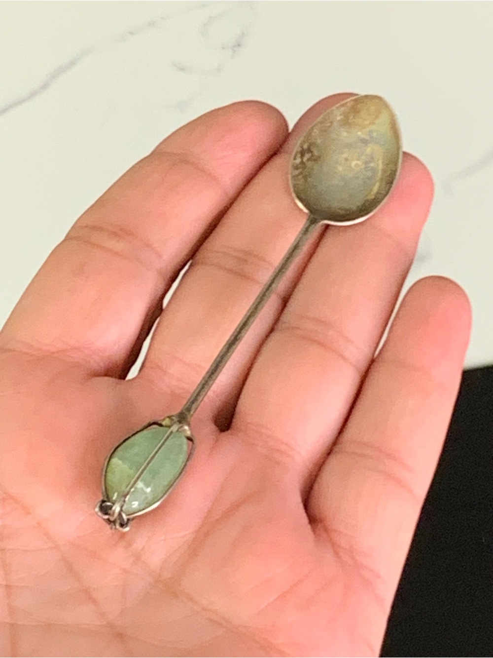 RARE~ Antique 833 Solid Silver 3.75" Spoon w/ Natural Green Jade Cabochon